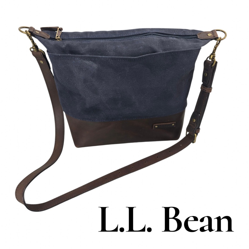 LL Bean Crossbody Bag OS Blue Waxed Canvas Leather Strap Vintage Gorpcore Tote